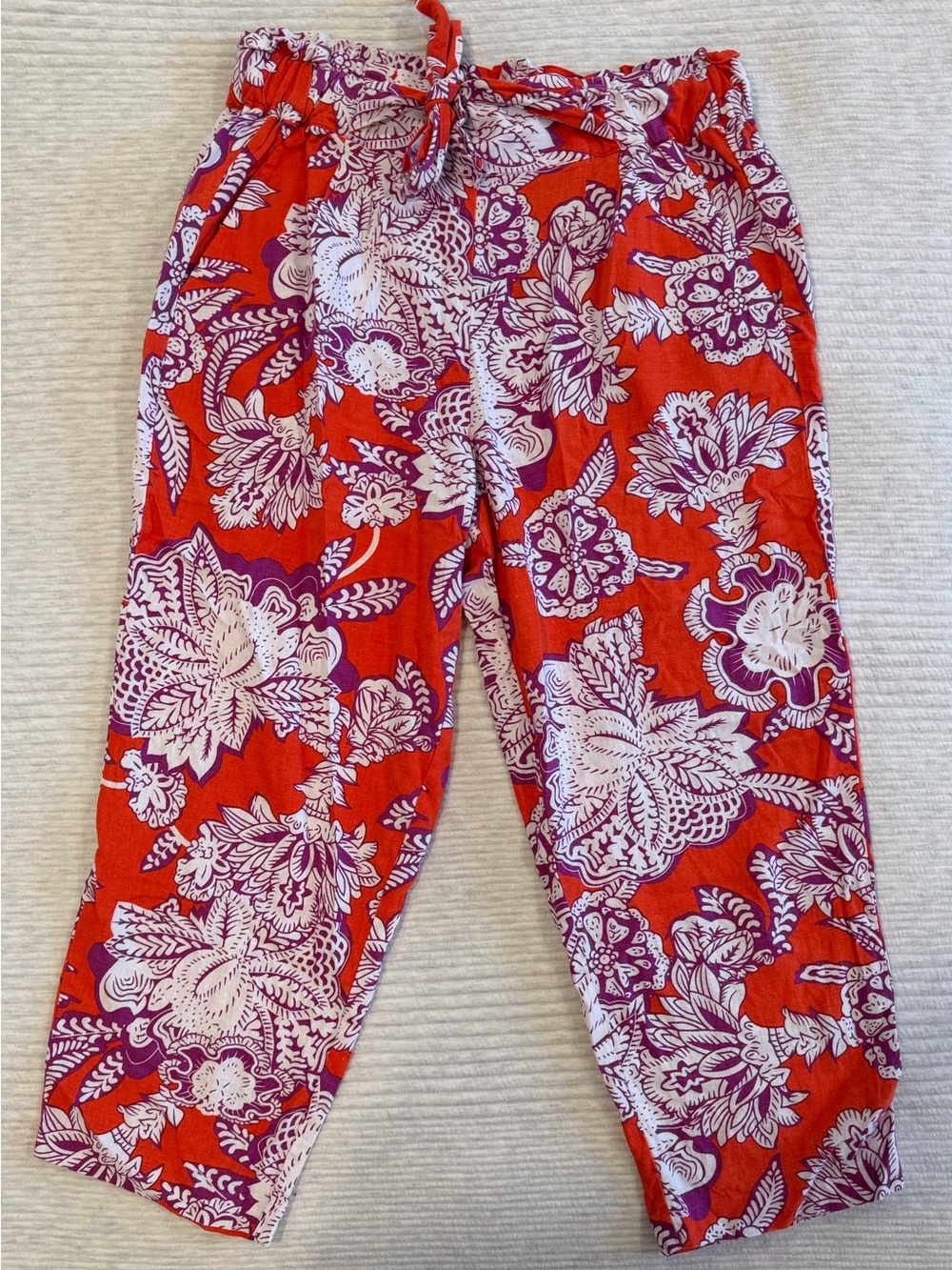 ANTHROPOLOGIE x CALLIGRAPHIE Linen Floral Pants Red/Orange Purple Resort Summer